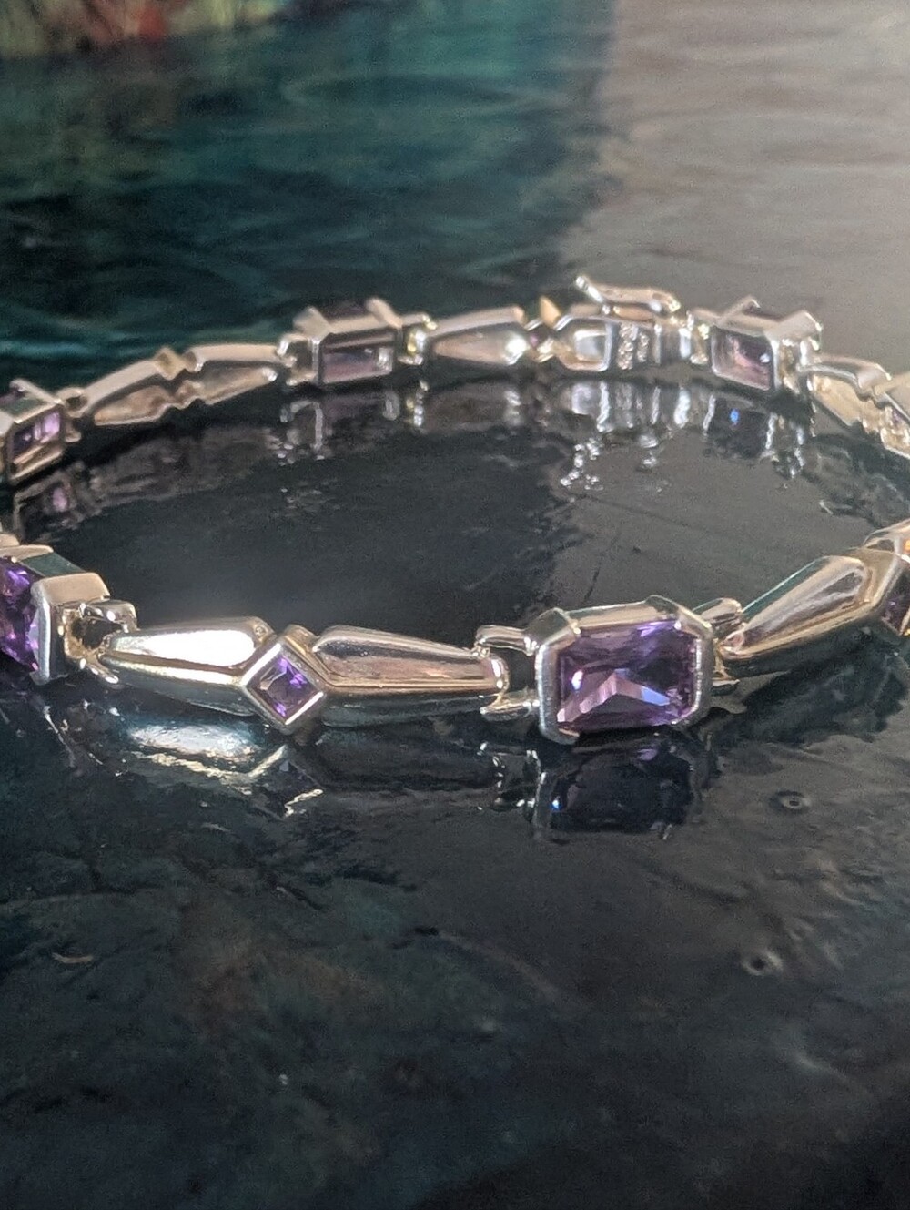 Art Deco Style Sterling Silver Amethyst Tennis Bracelet With Gold Accents - Picture 2 of 16
